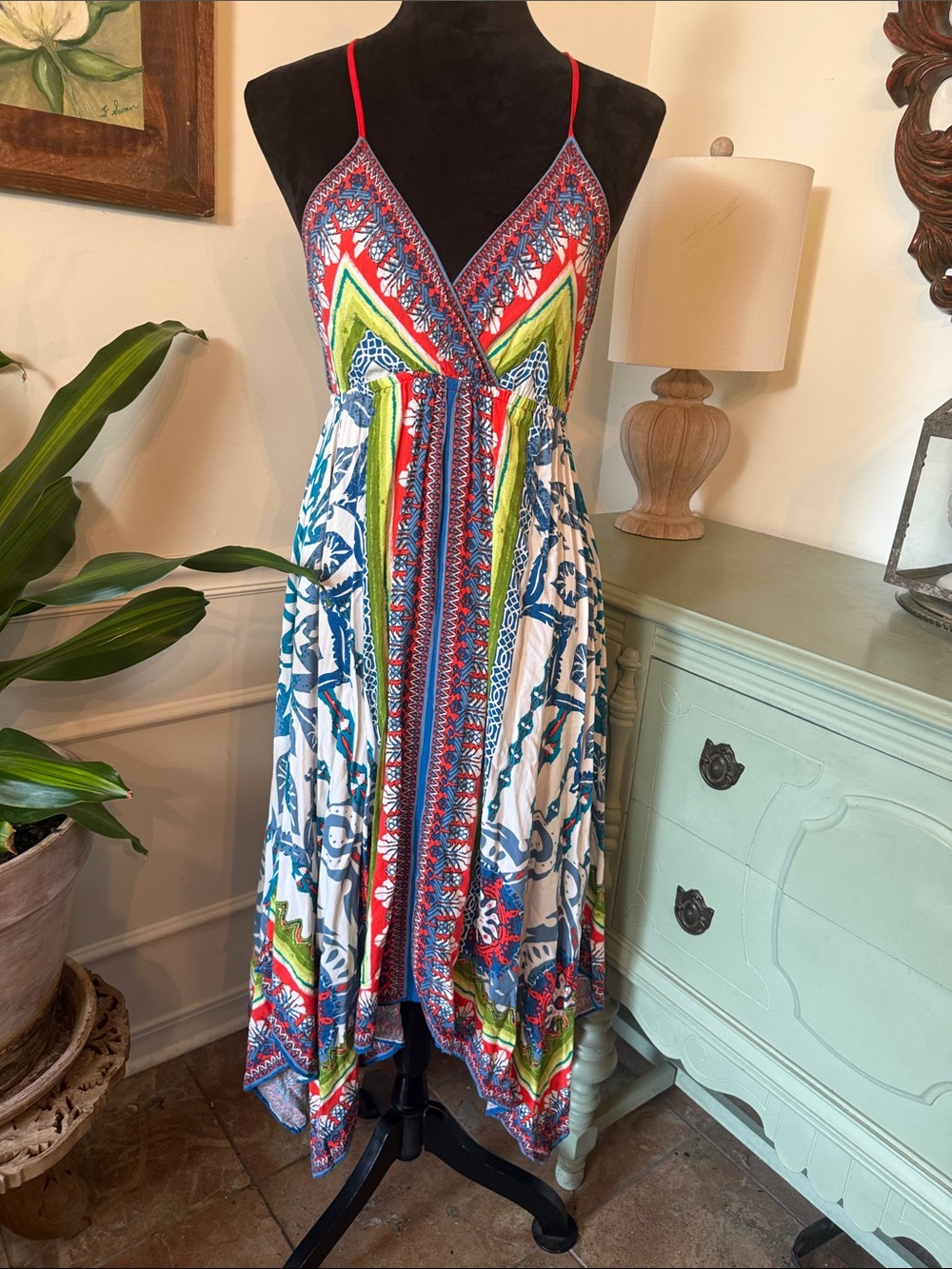 Gealous Tomato Boho Multicolored Backless Midi Dress With Handkerchief Hem